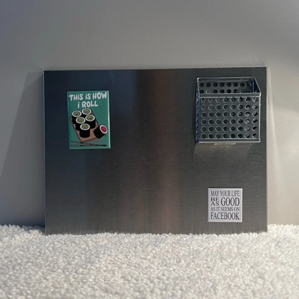 Kikkerland Stainless Magnetic Memo Board with Note Pen Pencil Holder